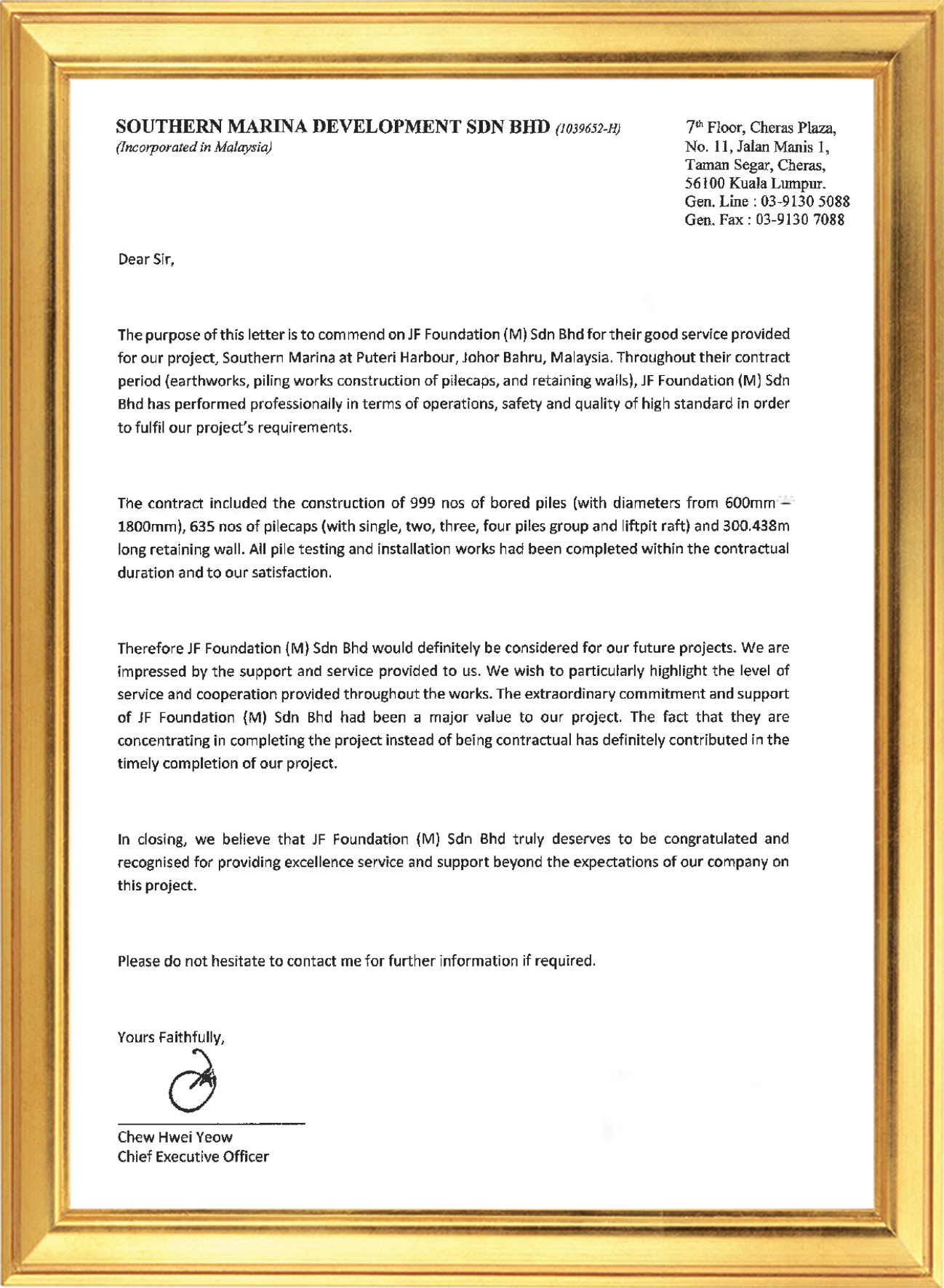 Complimentary Letter from Southern Marina Development